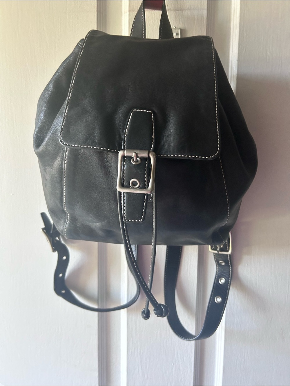 Vintage COACH Black Leather Legacy Drawstring Magnetic Snap Backpack Hang tag